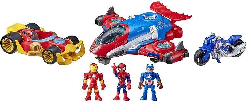 Photo 1 of Playskool Heroes Marvel Super Hero Adventures Figure and Jetquarters Vehicle Multipack, 3 Action Figures and 3 Vehicles, 5-Inch Toys for Kids Ages 3 and up 
