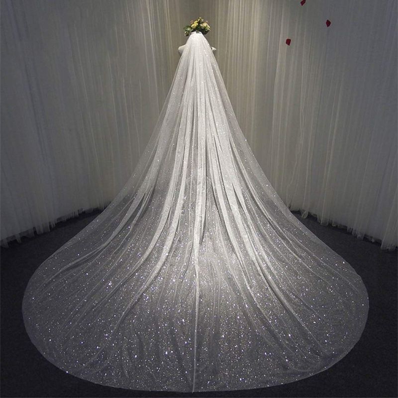 Photo 1 of Aukmla Elegant Cathedral Veil Long Wedding Veil Sparking Exquisite Soft Tulle with Silver Dotted Glitter for Bridal Veils