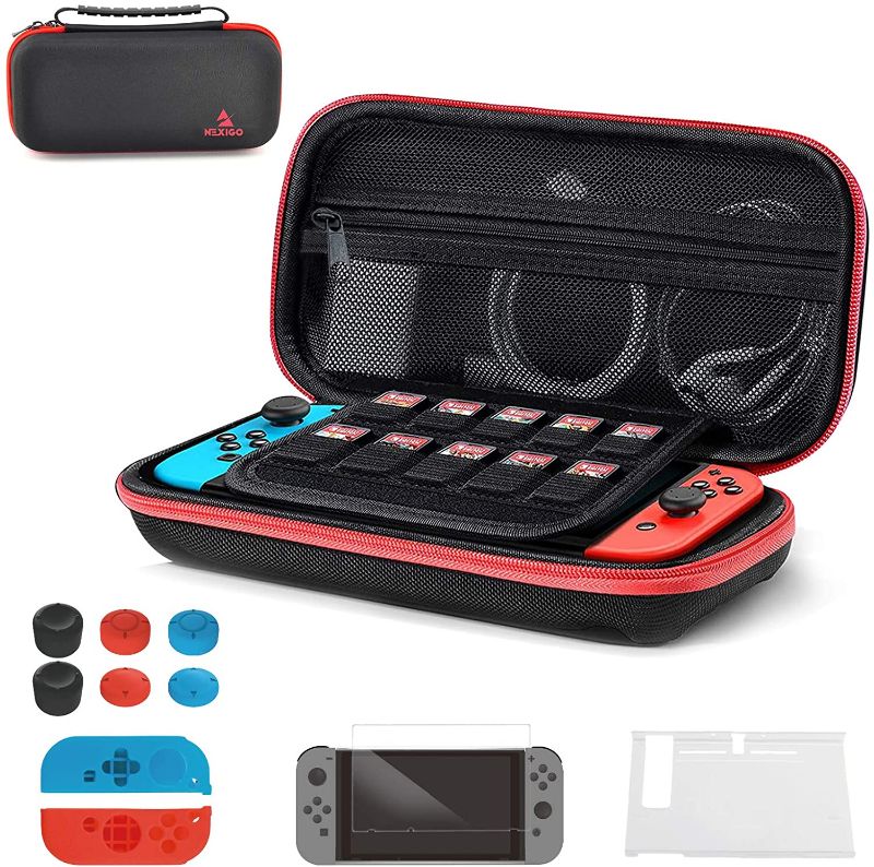 Photo 1 of NexiGo Switch Carrying Case and Accessories Kit for Nintendo Switch, 11 in 1 Switch Game Storage Accessories, Joycon Grip, Screen Protector, Joy-Con Silicone Case, Thumb Grips Caps (Black)
