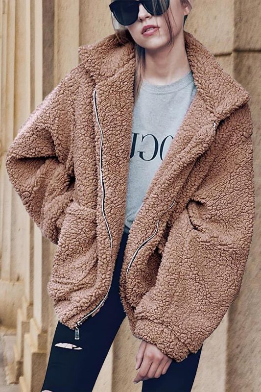 Photo 1 of Lapel Zip Up Faux Shearling Shaggy Oversized Fleece Coat Plush Jacket (S)