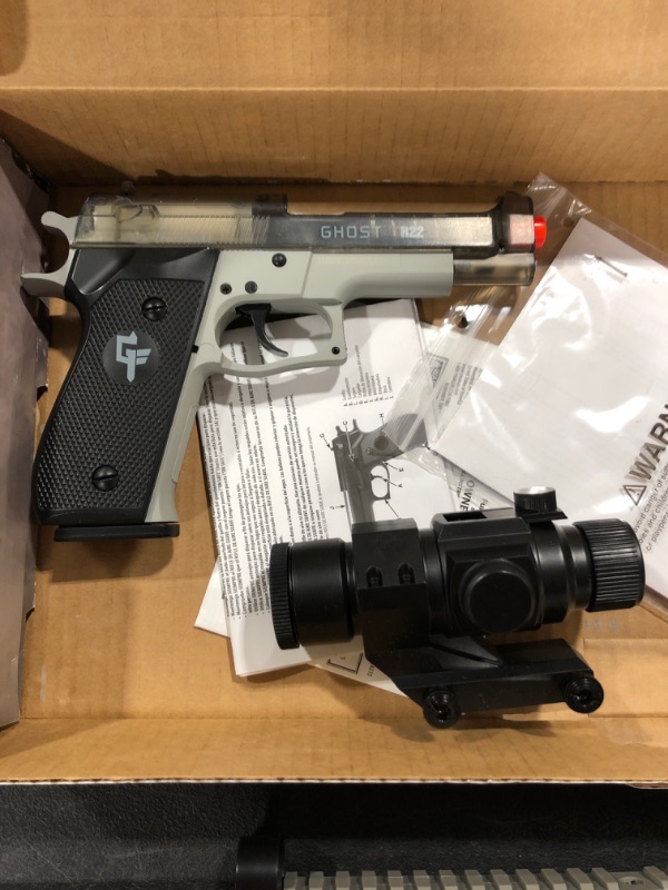 Photo 3 of GAME FACE GFRPKTGS Ghost Affliction Full-Auto Airsoft BB Rifle And Spring-Powered Pistol Kit With Safety Glasses And BB's, (Grey/Smoke)
