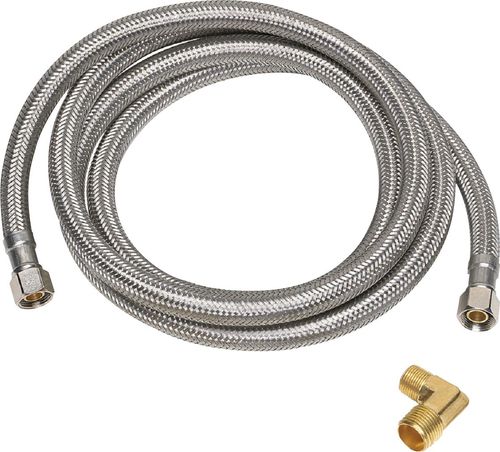 Photo 1 of Burst Protect 3/8 in. X 3/8 in. X 72 in. Universal SS Dishwasher Connector (Inclusive of 3/8 in. Mip and 3/4 in. GHT Adapters), Silver
