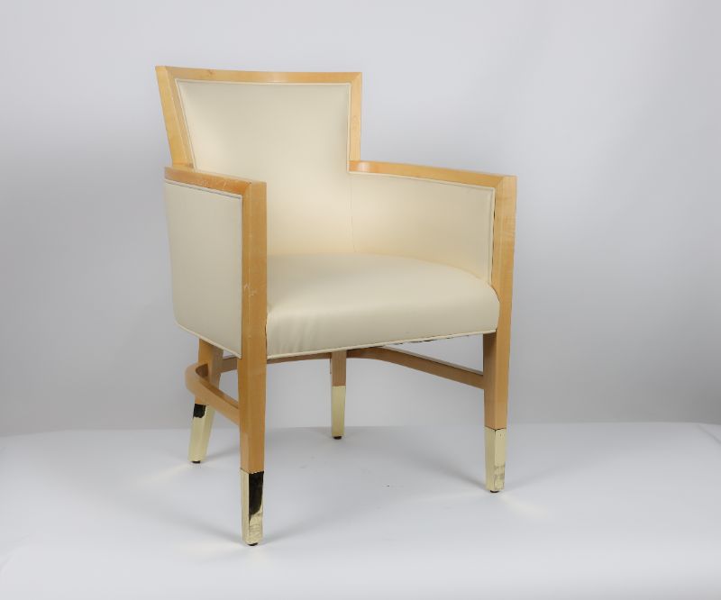 Photo 1 of Creme Faux Leather Birch Wooden Trim Chair Faux Gold Trimming Around Feet 33H Inches
