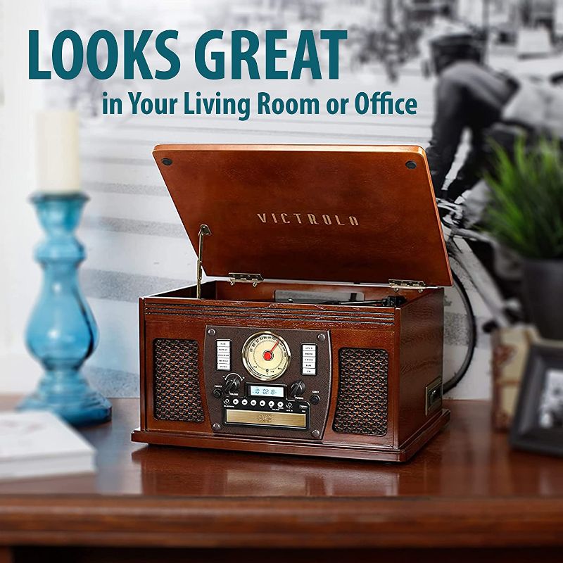 Photo 1 of Victrola 8-in-1 Bluetooth Record Player & Multimedia Center, Built-in Stereo Speakers - Turntable, Wireless Music Streaming, Real Wood | Mahogany
