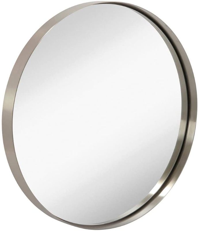 Photo 1 of Hamilton Hills 24" Silver Circle Deep Set Metal Round Frame Mirror Contemporary Brushed Metal Silver Wall Mirror | Glass Panel Silver Framed Rounded Circle Deep Set Design (24" Round)
