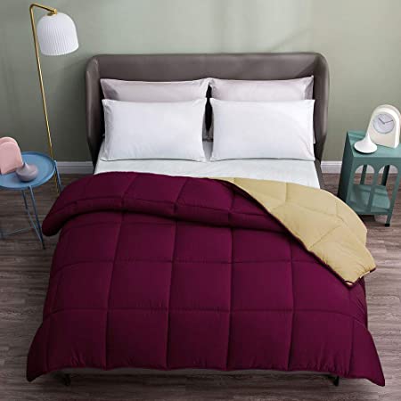 Photo 1 of Art Demo Home Reversible Down Alternative Quilted Comforter, Hypoallergenic Lightweight Christmas Bedding, Duvet Insert with Corner Tabs, Full/Queen Size, Burgundy Red/Wheat
