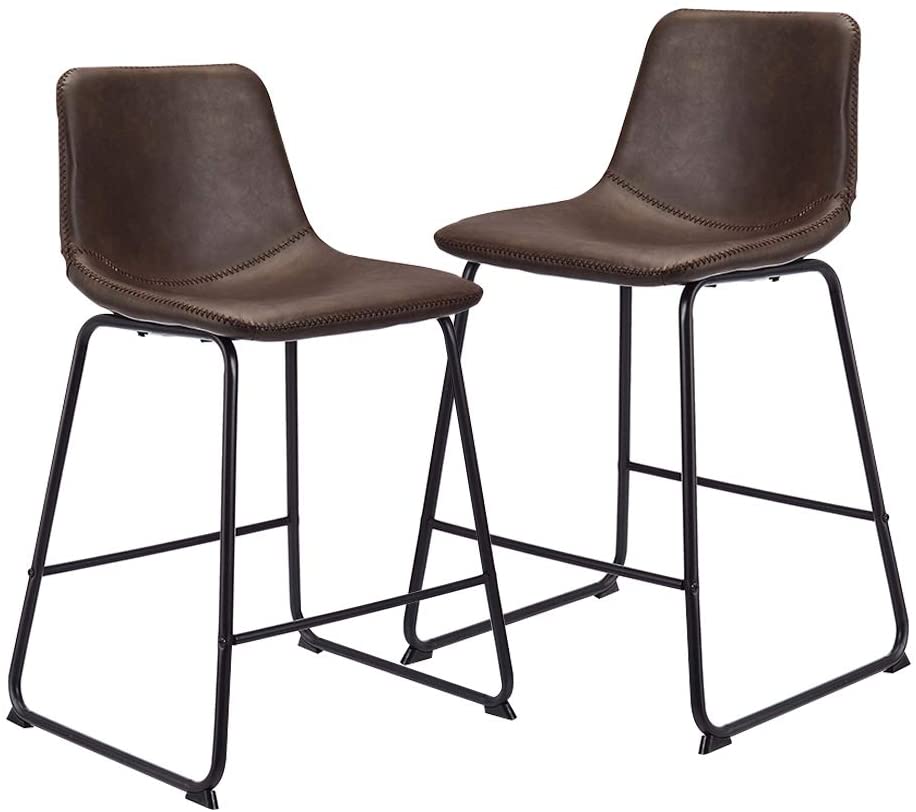 Photo 1 of CangLong Mid Century Modern Style PU Leather Bar Stools Rustic Barstools with Back and Footrest, Kitchen Bar Height Stool Chairs Set of 2, Brown
