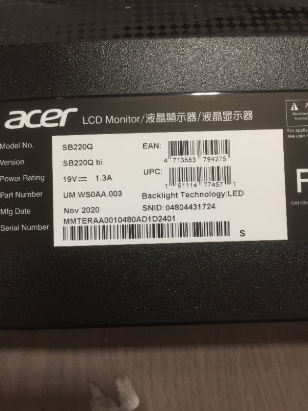 Photo 6 of Acer SB220Q bi 21.5 Inches Full HD (1920 x 1080) IPS Ultra-Thin Zero Frame Monitor (HDMI & VGA Port), Black COLORING IS OFF BUT STILL WORKS
