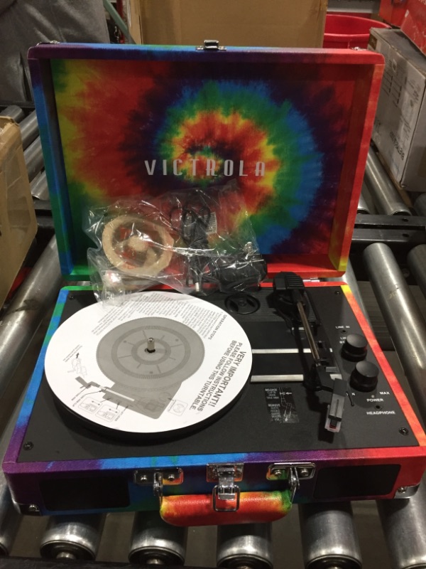 Photo 3 of Victrola Vintage 3-Speed Bluetooth Portable Suitcase Record Player with Built-in Speakers | Upgraded Turntable Audio Sound| Includes Extra Stylus | Tie Dye, 1SFA (VSC-550BT-TDY)
