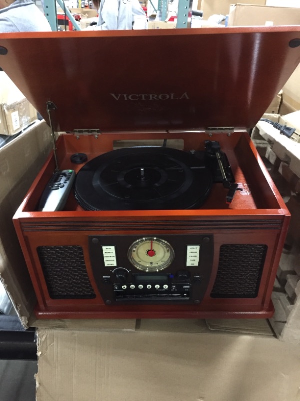 Photo 3 of Victrola 8-in-1 Bluetooth Record Player & Multimedia Center, Built-in Stereo Speakers - Turntable, Wireless Music Streaming, Real Wood | Mahogany
