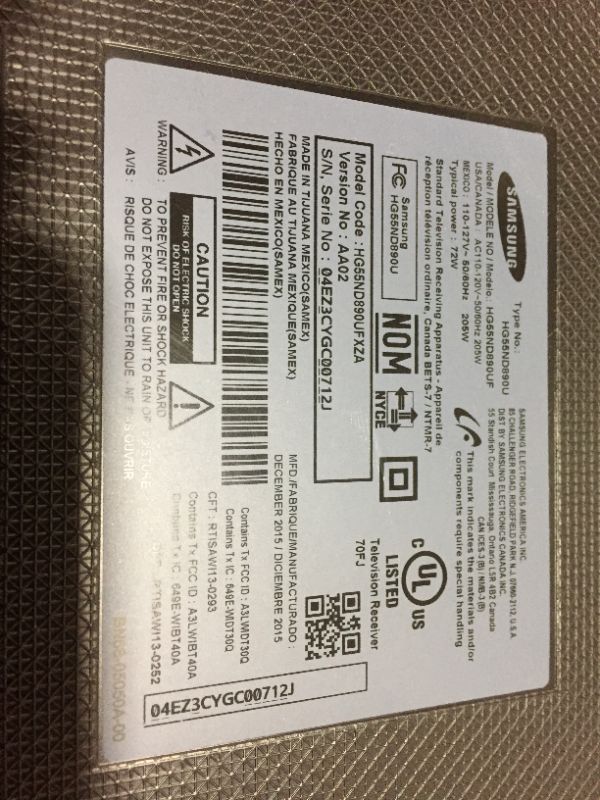 Photo 1 of SAMSUNG 55IN 2015 MODEL HG55ND890UF (Stand and Remote Not Included) Needs to be Reprogramed
