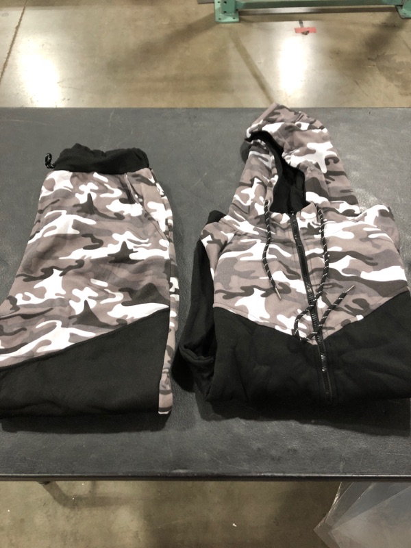 Photo 1 of UNISEX CAMO SWEATSUIT, BLACK/WHITE/GREY, SIZE XL.