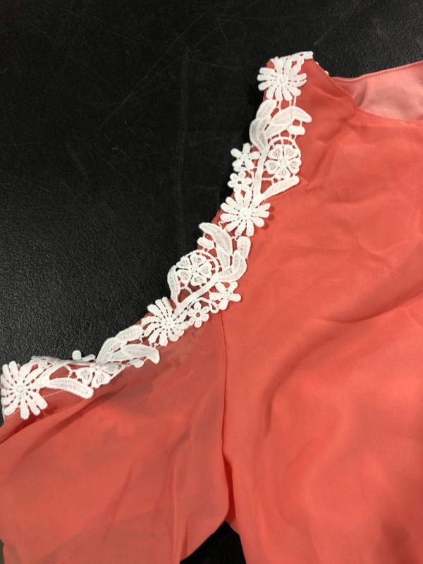 Photo 2 of WOMEN'S CHIFFON LACE DRESS, SALMON COLORED, SIZE XL.