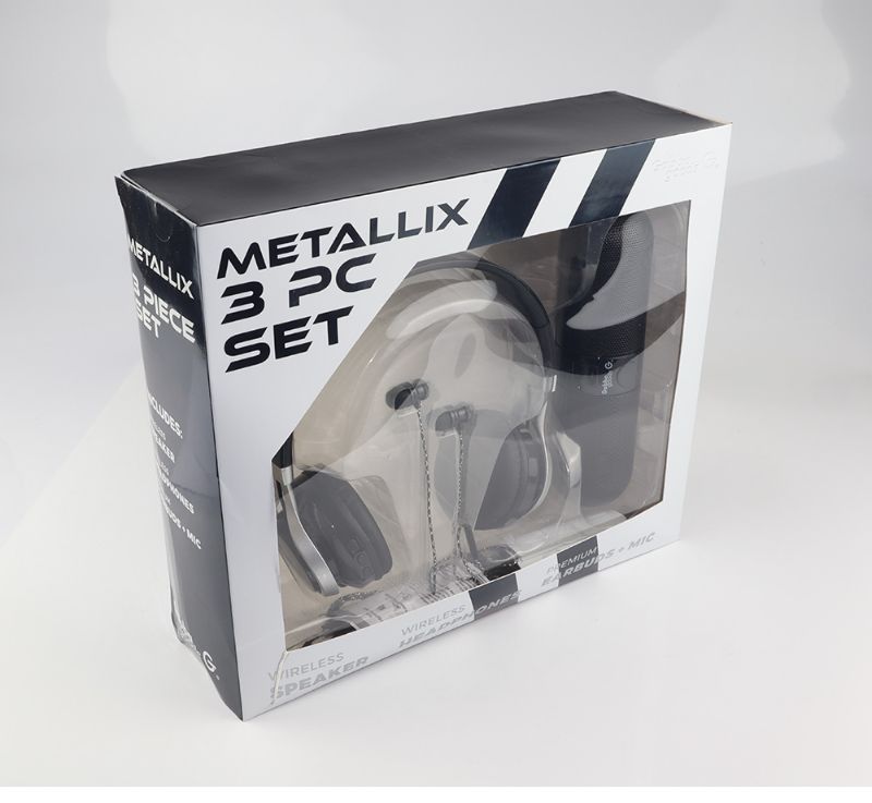 Photo 1 of METALLIX 3 PIECE SET 1 BLUETOOTH SPEAKER 1 WIRELESS HEADPHONE AND 1 EARBUD SET WITH MICROPHONE COLOR BLACK NEW $29.99