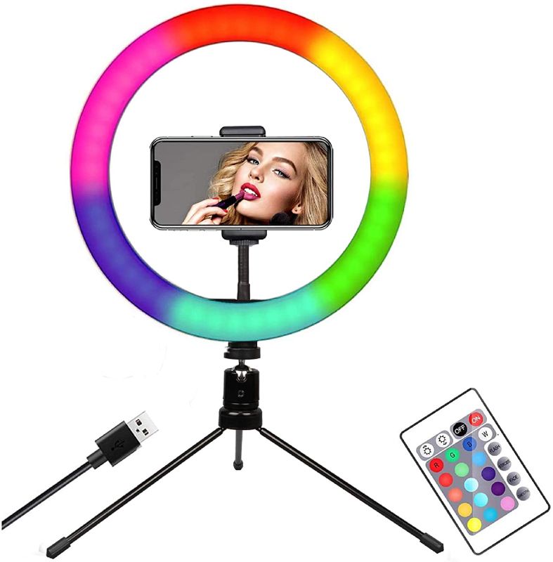 Photo 1 of MULTI COLOR 10 INCH LED RING LIGHT WITH PHONE HOLDER AND TABLE TRIPOD NEW $ 79.99