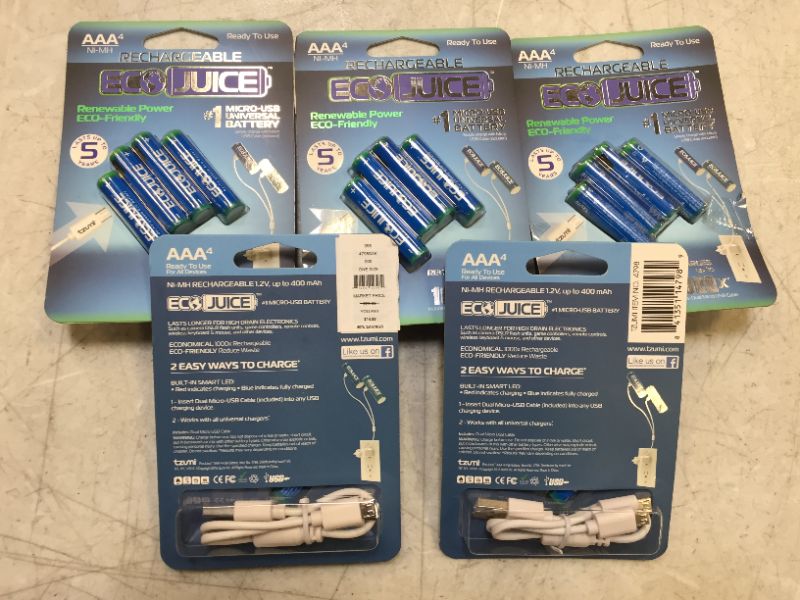 Photo 2 of 5 PACKS OF 4 ECO JUICE AAA RECHARGEABLE BATTERIES MICRO USB NIMH UNIVERSAL ECOFRIENDLY 1000X RECHARGEABLE BY ECO JUICE MICRO USB 4 PIECE PRECHARGED NEW IN BOX $62.5