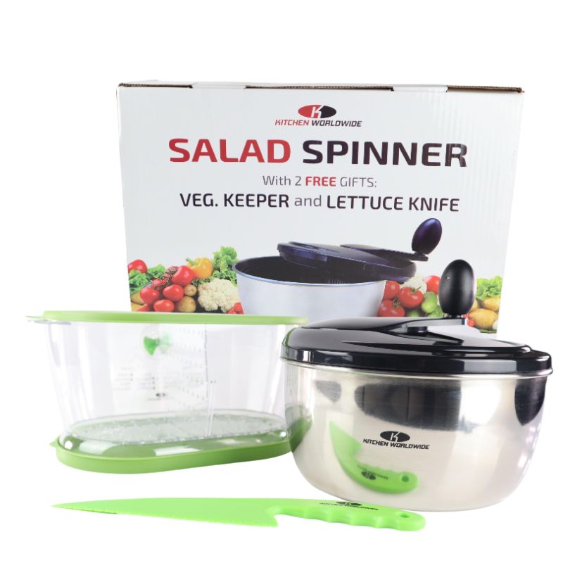 Photo 1 of WORLDWIDE STAINLESS STEEL SALAD SPINNER INCLUDES STAINING BOWL SPIN LID CONTAINER AND SALAD KNIFE NEW IN BOX $49.99 BOX HAS DAMAGE DUE TO SHIPMENT