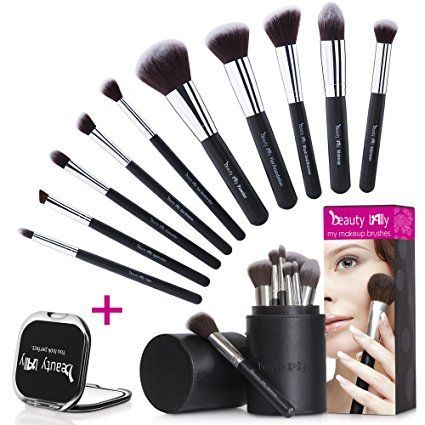 Photo 1 of BEAUTY LALLY SYNTHETIC HAIR MAKE UP BRUSHES 10 BRUSHES ALL LABELED 1 BRUSH CASE AND A BONUS COMPACT MIRROR BRUSHES BETWEEN 12 AND 19 CM NEW IN BOX $17.99