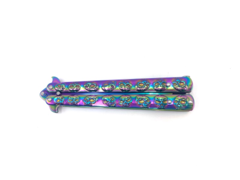 Photo 2 of SKULL OIL SLICK BUTTERFLY KNIFE SKULLS 3D ON HALF OF BLADE NEW 