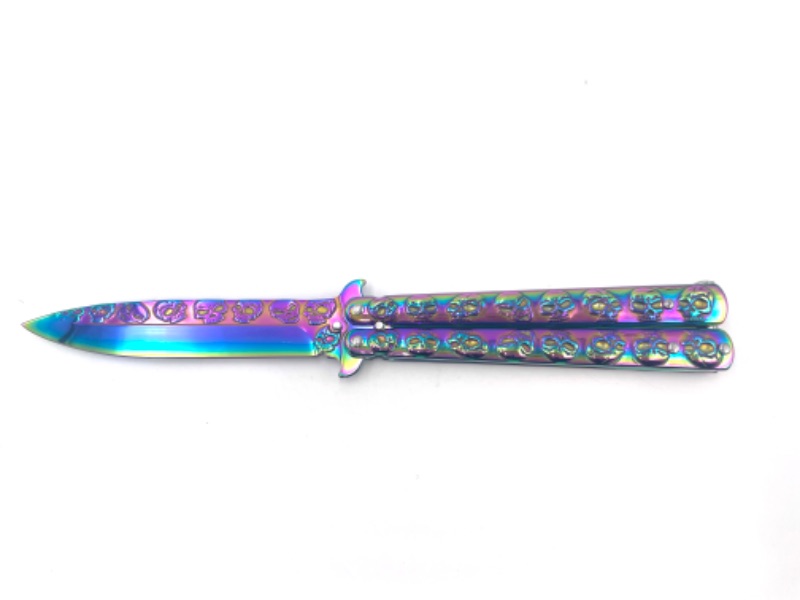 Photo 1 of SKULL OIL SLICK BUTTERFLY KNIFE SKULLS 3D ON HALF OF BLADE NEW 