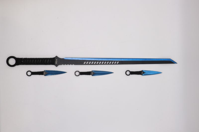 Photo 1 of SHARP 27 INCH BLUE NINJA SWORD WITH 3 THROWING KNIVES AND CARRY CASE NEW 