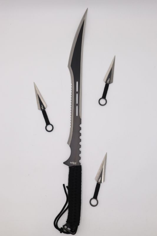 Photo 1 of DOUBLE EDGED TACTICAL MASTER SWORD WITH 3 THROWING KNIVES AND A CARRY CASE SHARP NEW 