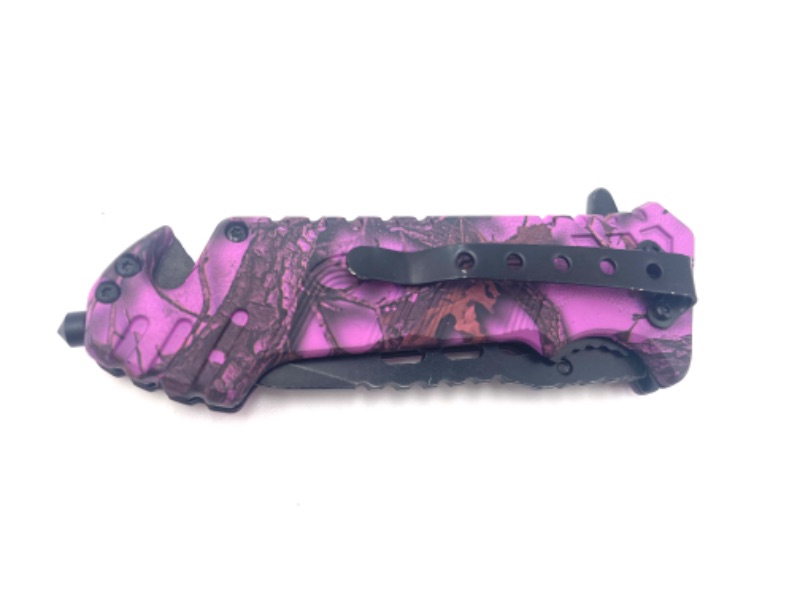 Photo 3 of PURPLE CAMO POCKET KNIFE WITH WINDOW BREAKER AND SEATBELT CUTTER NEW 