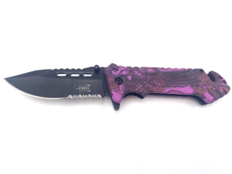 Photo 1 of PURPLE CAMO POCKET KNIFE WITH WINDOW BREAKER AND SEATBELT CUTTER NEW 