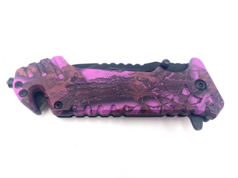 Photo 2 of PURPLE CAMO POCKET KNIFE WITH WINDOW BREAKER AND SEATBELT CUTTER NEW 