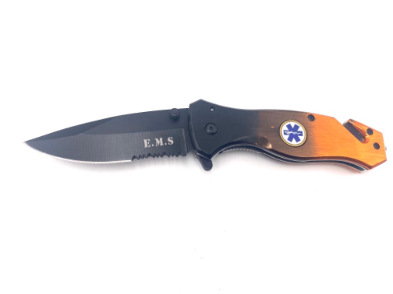 Photo 1 of 4.5 INCH EMS ORANGE AND BLACK CLIP WITH SEATBELT CUTTER AND WINDOW BREAKER POCKET KNIFE NEW 