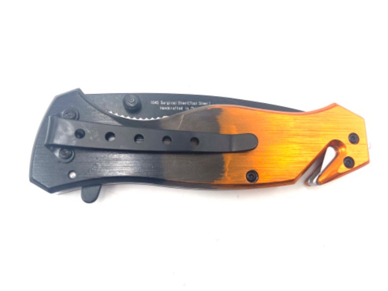 Photo 3 of 4.5 INCH EMS ORANGE AND BLACK CLIP WITH SEATBELT CUTTER AND WINDOW BREAKER POCKET KNIFE NEW 