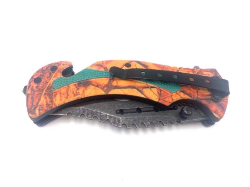 Photo 3 of ORANGE CAMO WITH GREEN DETAIL POCKET KNIFE NEW 