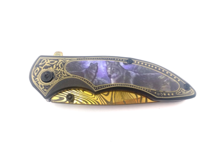 Photo 2 of PURPLE WOLVES POCKET KNIFE WITH ZEBRA PRINT PATTERN DETAIL BLADE NEW 