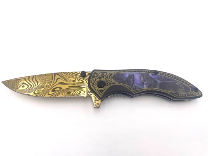 Photo 1 of PURPLE WOLVES POCKET KNIFE WITH ZEBRA PRINT PATTERN DETAIL BLADE NEW 