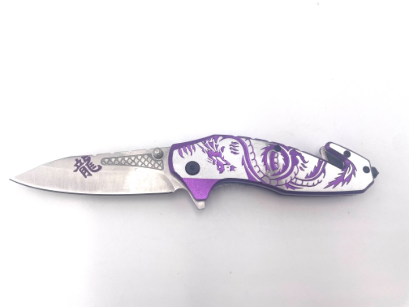 Photo 1 of PURPLE AND SILVER DRAGON WITH WINDOW BREAKER AND SEATBELT CUTTER POCKET KNIFE NEW 