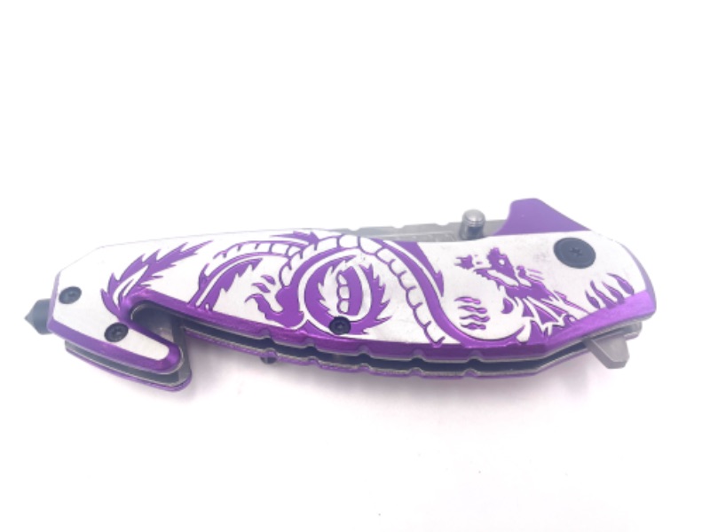 Photo 2 of PURPLE AND SILVER DRAGON WITH WINDOW BREAKER AND SEATBELT CUTTER POCKET KNIFE NEW 