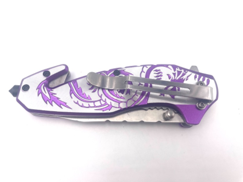 Photo 3 of PURPLE AND SILVER DRAGON WITH WINDOW BREAKER AND SEATBELT CUTTER POCKET KNIFE NEW 