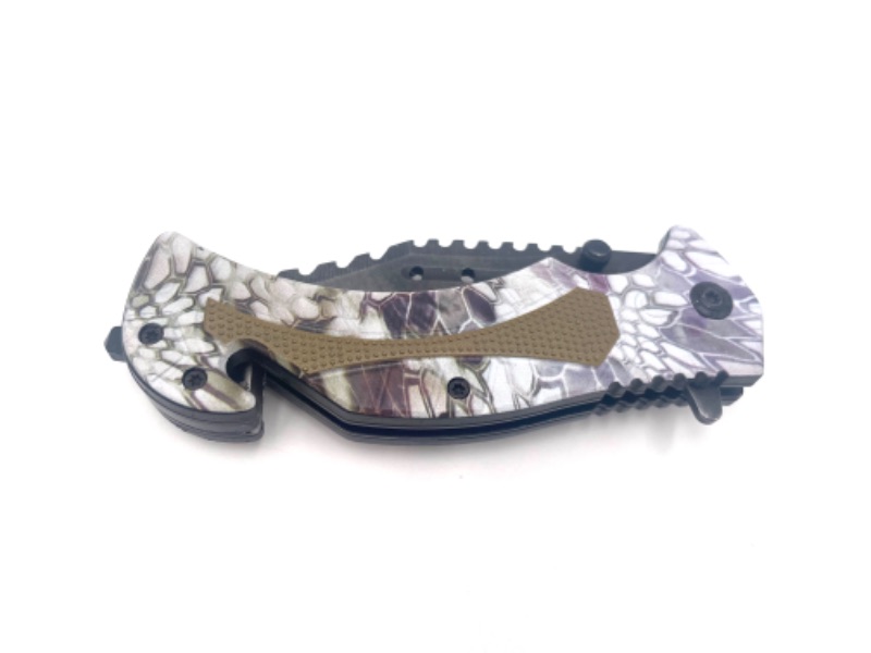 Photo 2 of LIGHT WHITE WITH PURPLE SNAKE SKIN PATTERN AND GREEN DETAIL POCKET KNIFE WITH SEATBELT CUTTER CLIP AND WINDOW BREAKER NEW 