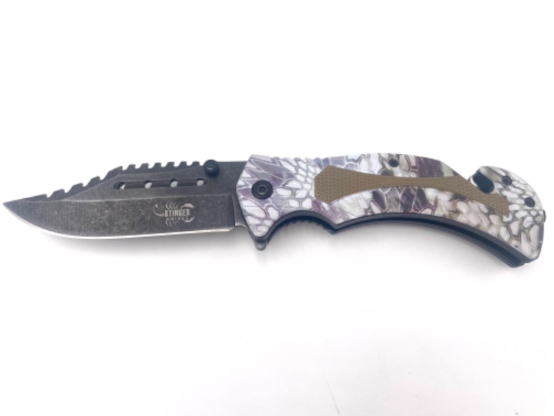 Photo 1 of LIGHT WHITE WITH PURPLE SNAKE SKIN PATTERN AND GREEN DETAIL POCKET KNIFE WITH SEATBELT CUTTER CLIP AND WINDOW BREAKER NEW 