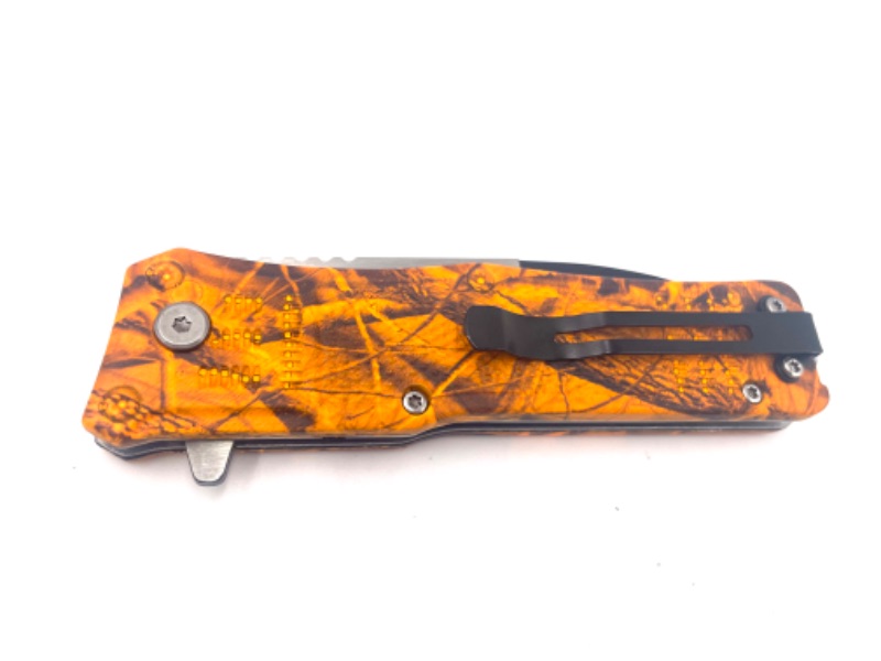 Photo 3 of 4.75 INCH ORANGE CAMO CLASS C POCKET KNIFE WITH CLIP NEW 