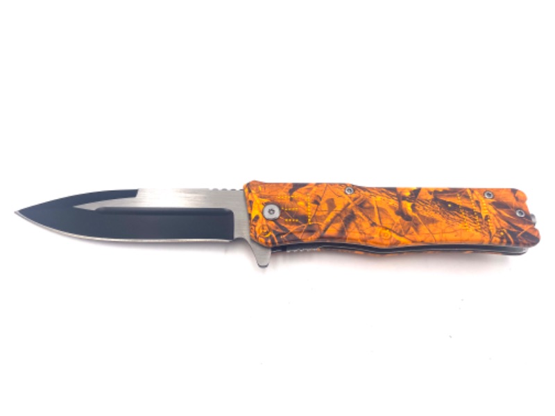 Photo 1 of 4.75 INCH ORANGE CAMO CLASS C POCKET KNIFE WITH CLIP NEW 