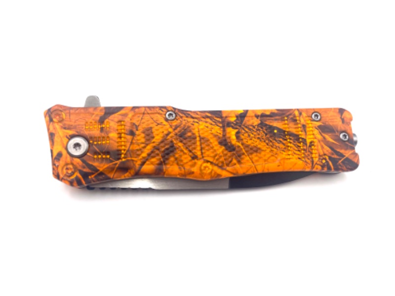 Photo 2 of 4.75 INCH ORANGE CAMO CLASS C POCKET KNIFE WITH CLIP NEW 