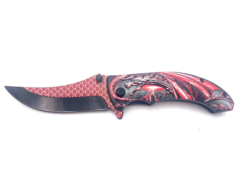 Photo 1 of 5 INCH DRAGON TAIL RED CLIP POCKET KNIFE WITH DETAIL BLADE AND CLIP NEW 