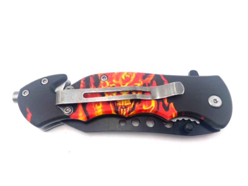 Photo 3 of 4.5 INCH FLAMING SKULL CLIP POCKET KNIFE WITH SEATBELT CUTTER AND WINDOW BREAKER NEW 