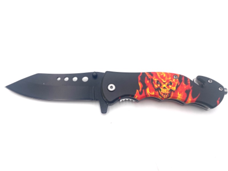 Photo 1 of 4.5 INCH FLAMING SKULL CLIP POCKET KNIFE WITH SEATBELT CUTTER AND WINDOW BREAKER NEW 