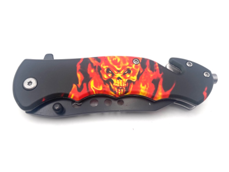 Photo 2 of 4.5 INCH FLAMING SKULL CLIP POCKET KNIFE WITH SEATBELT CUTTER AND WINDOW BREAKER NEW 