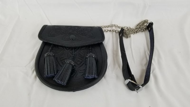 Photo 1 of SPORRAN 3 TASSELS BLACK LEATHER BAG NEW