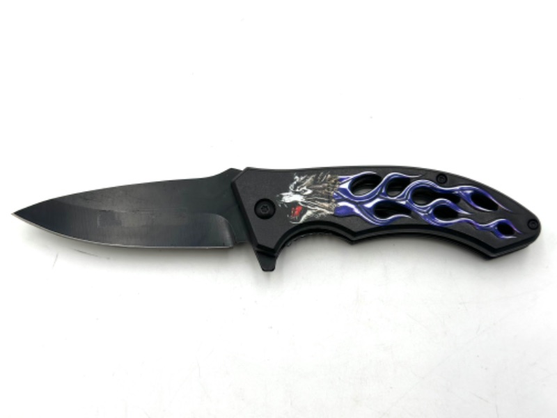 Photo 1 of WOLF BLUE FLAME DESIGN POCKET KNIFE NEW