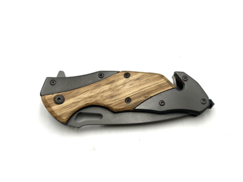 Photo 2 of GRAY AND WOOD DESIGN FALCON POCKET KNIFE WITH WINDOW BREAKER KEYCHAIN LOOP AND SEAT BELT CUTTER NEW