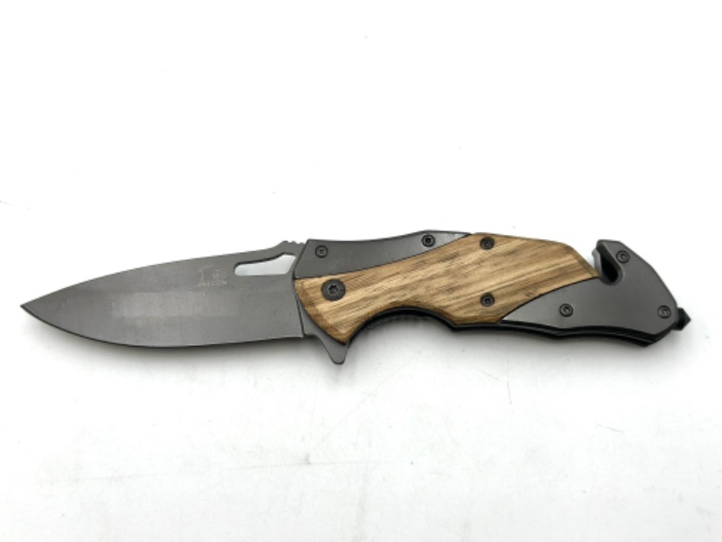 Photo 1 of GRAY AND WOOD DESIGN FALCON POCKET KNIFE WITH WINDOW BREAKER KEYCHAIN LOOP AND SEAT BELT CUTTER NEW